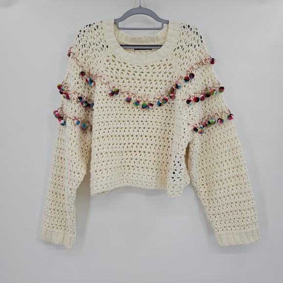 Zara Knit Women Ivory Crochet Pom Pom Cropped Sweater Small Wool Blend - Picture 2 of 10
